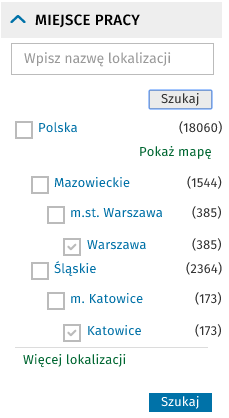 W ramach kategorii "Miejsce pracy" można również wyszukiwać wykorzystując mapę - po wybraniu linka "Pokaż mapę" (dostępnego pod pozycją nadrzędną "Polska") pojawia się mapa Polski z podziałem na