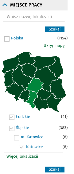 4. Dla kategorii "Wynagrodzenie brutto", "Data dodania" należy wybrać jedną wartość z listy rozwijalnej i nacisnąć przycisk "Szukaj". Można wybrać tylko jedną wartość. 2.