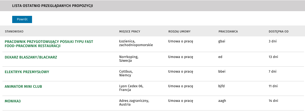 znajduje się pod panelem filtrowania na oknie głównym lub na oknie szczegółów propozycji. Z prezentowanej listy można przejść do szczegółów każdej propozycji.