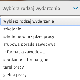 Rodzaj wydarzenia należy wybrać z listy rozwijalnej: Lokalizację wydarzenia należy wpisać - po wpisaniu minimum trzech znaków podpowiadane są nazwy lokalizacji zaczynające się od wpisanego ciągu