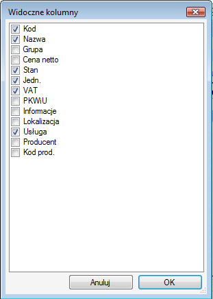 Wydruk listy Istnieje możliwość wydrukowania listy towarów/usług. Do tego celu służy ikona Lista w lewym dolnym rogu. Jedną z dostępnych funkcji po kliknięciu ikony jest Drukuj listę.
