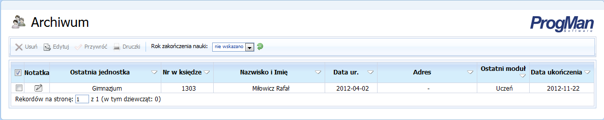 Archiwum Kartoteka Archiwum przeznaczona jest do przechowywania wszystkich kartotek uczniów, którzy zakończyli naukę zgodnie z obowiązkiem szkolnym, zmienili szkołę, zawiesili edukację lub porzucili