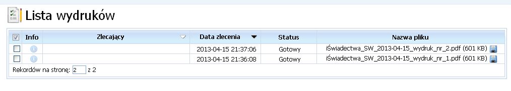 Lista wydruków Kartoteka przedstawia listę świadectw/arkuszy ocen przygotowanych Do druku.