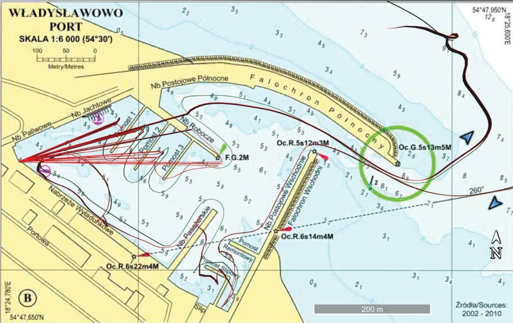 Rys. 7. Dostępność satelitów GNSS w czasie pomiarów z morza. Opracowanie trajektorii pozwoliło na ulokowanie jej na planie portu (Rys. 8), a także na zapis w formacie.