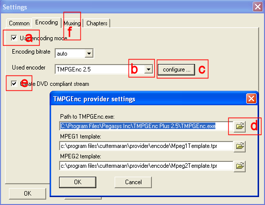 (a) włączamy automatyczne enkodowanie poprzez zaznaczenie tej opcji, (b) jeżeli mieliśmy zainstalowany TMPGEnc to można go będzie wybrać w okienku Used encoder, jeżeli nie, to trzeba go zainstalować
