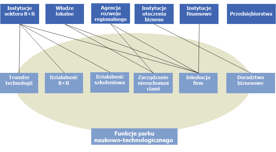 Rozproszony model organizacyjny W modelu rozproszonym funkcje parku realizowane są przez kilka podmiotów, które zarządzają terenami inwestycyjnymi, inkubatorem lub centrum transferu technologii.