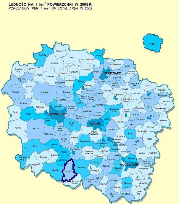 4 Gęstość zaludnienie w województwie kujawsko-pomorskim Źródło: rocznik statystyczny województwa kujawsko-pomorskiego 2006 Na podstawie danych, wykorzystując narzędzia planistyczne, określono