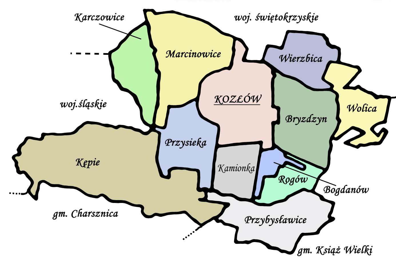 Wierzbica, Wolica. Gmina graniczy od północy z gminą Sędziszów oraz z gminą Wodzisław, od południa z gminą Charsznica, od wschodu z gminą Książ Wielki od zachodu z gminą Żarnowiec. Rys. 2.