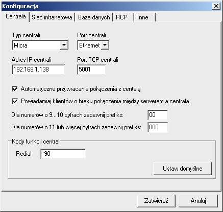 2.2.1.Połączenie z centralą telefoniczną PLATAN CTI ver. 2.00.xx Aby ustawić połączenie programu Serwera CTI z centralą należy wybrać w menu Serwer Konfiguracja zakładkę Centrala.