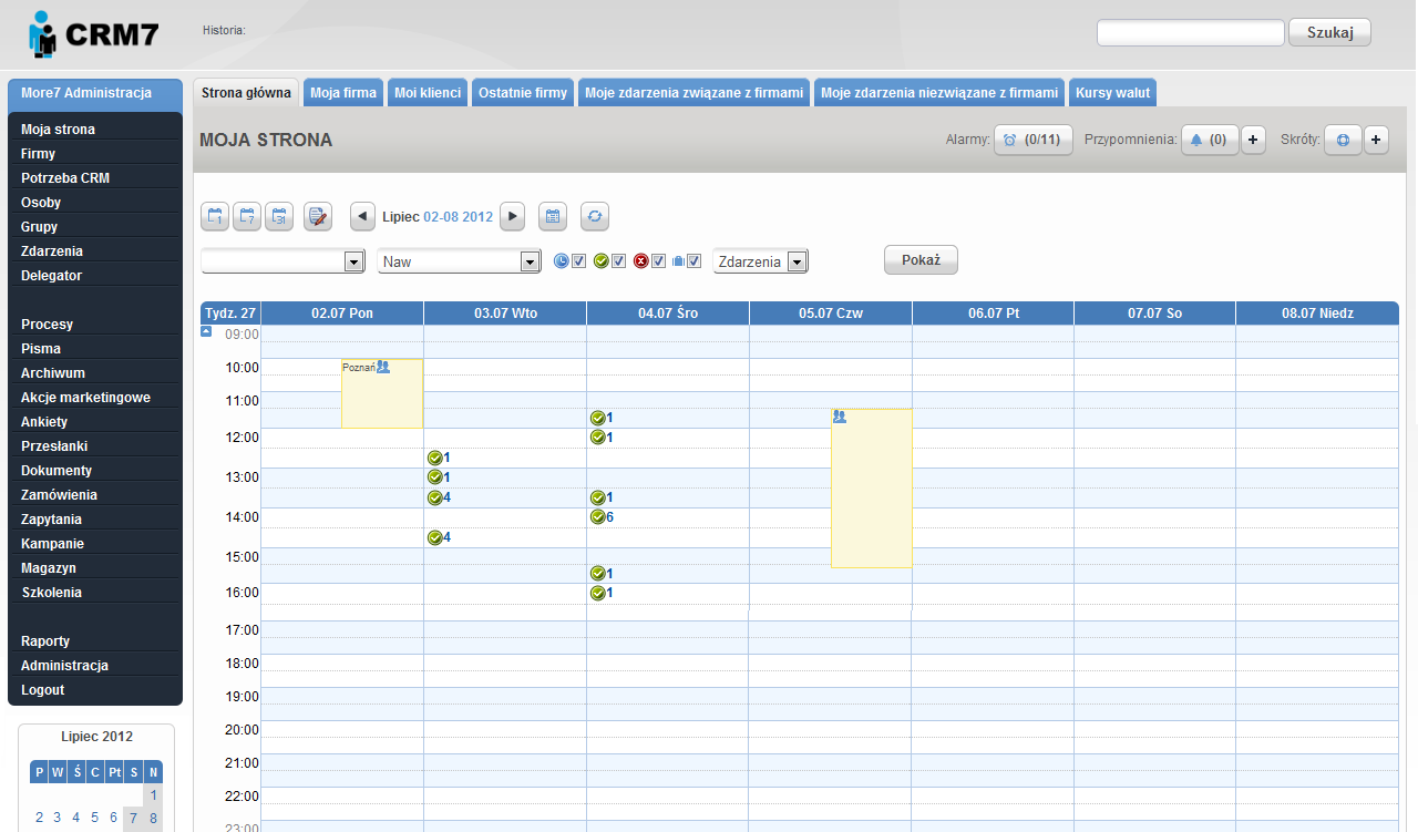 Moja strona CRM7: Moja Strona Strona główna Raportowanie zadań w formie wykresów, Aktualności firmowe, Zadania delegowane, Urodziny i imieniny osób kontaktowych, Dane osobowe użytkownika, Struktura