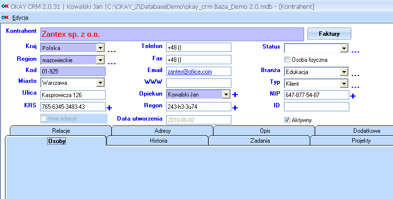 Możliwość dostosowania widoku do własnych potrzeb Jedną z ciekawszych funkcji OKAY CRM jest możliwość konfigurowania widoków kontrahentów, osób, projektów, historii czy zadań w Formularzu Głównym.