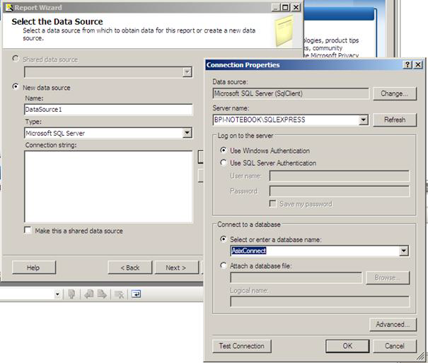 5 Projektowanie raportów w Report Designer 5. W oknie źródła danych kreatora raportu wskaż źródło danych: nazwę serwera SQL, na którym znajduje się baza AsixConnect oraz bazę AsixConnect.