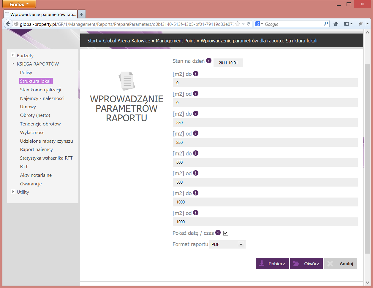 Global-Property.pl 37 Dostępne formaty docelowe raportów: Rysunek 29 Edycja parametrów raportu modułu ManagementPoint PDF (ang.