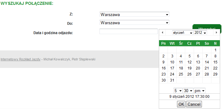 Rysunek 20 Interfejs wyszukiwarki połączeń komunikacyjnych W dalszej kolejności wybrane informacje są przesyłane jako parametry do strony z wynikami wyszukiwania.