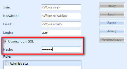 UWAGA: W przypadku dodawania istniejącego loginu należy się upewnić, że posiada on uprawnienia do baz wykreowanych przez instalator Analiz BI oraz do bazy konfiguracyjnej i firmowej OPT!MY.