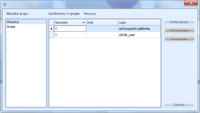 5.3.5 Zarządzanie grupami Aby wywołać okno zarządzania grupami należy użyć przycisku: znajdującego się poniżej kart uprawnień.