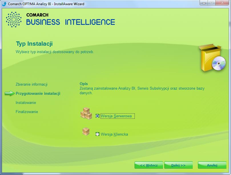 Następny krok konfiguracji jest widoczny na poniższym rysunku. Rysunek 2.3 Wybór wersji programu Dostępne są dwa typy instalacji: serwerowa i kliencka.