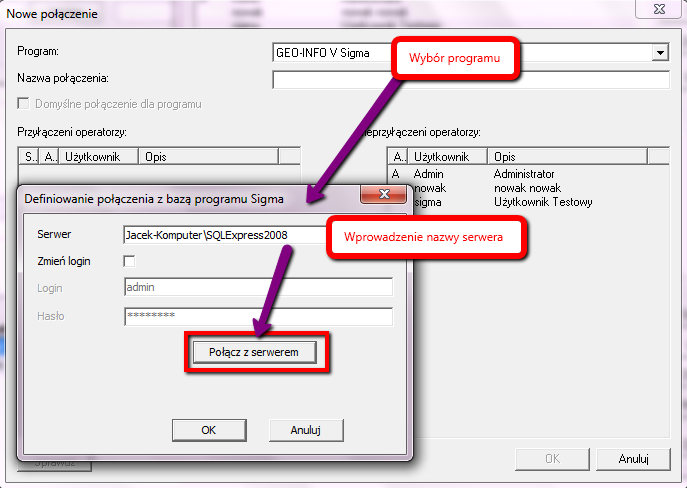 S t r n a 30 Jeżeli w Menadżerze Operatrów nie ma jeszcze zdefiniwanych płączeń d baz danych dla GEO-INFO 6 Sigma należy wyknać nwe płączenie w pniższych krkach. Rysunek 36.