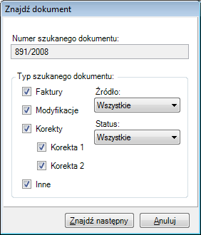 Dokumenty według daty: wystawione tylko dzisiaj, z określonego dnia lub z wybranego zakresu dat Dokumenty Wszystkie/Zwykłe/Anulowane Dokumenty których numer zawiera wartość wprowadzoną w polu Numer