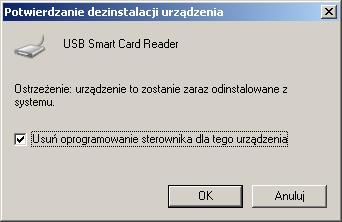 Rys. 26 Opcja Odinstaluj w Panelu Sterowania Po potwierdzeniu chęci dezinstalacji urządzenia należy odłączyć czytnik od komputera. Rys. 27 Potwierdzenie dezinstalacji urządzenia UWAGA!