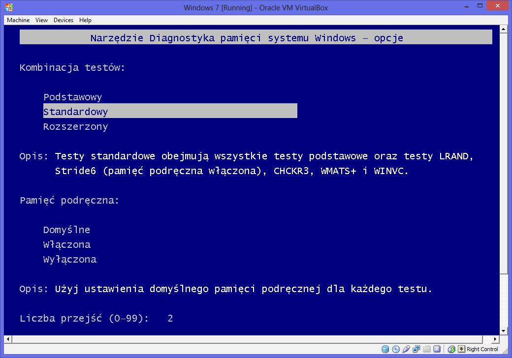 Rysunek 19 Praca programu Diagnostyka pamięci systemu Windows [opracowanie własne] Rysunek 20 Konfiguracja narzędzia Diagnostyka pamięci systemu Windows [opracowanie własne] Kolejnym miejscem gdzie