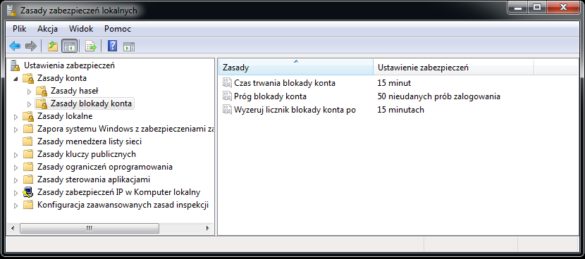 Rys. 6.2 Rekomendowane ustawienia dla zbioru zasady blokady konta 7.