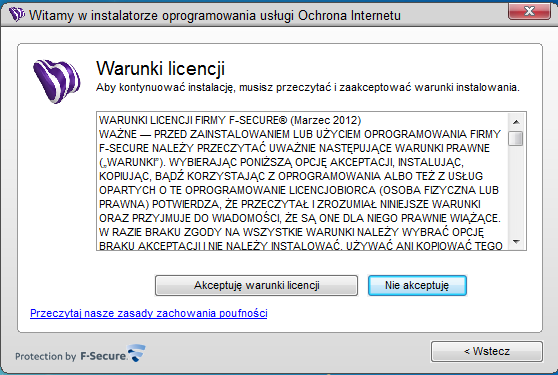 2. Wybierz swój język i kliknij przycisk Zainstaluj. Pojawi się okno Warunki licencji: 3. Przeczytaj warunki licencji.