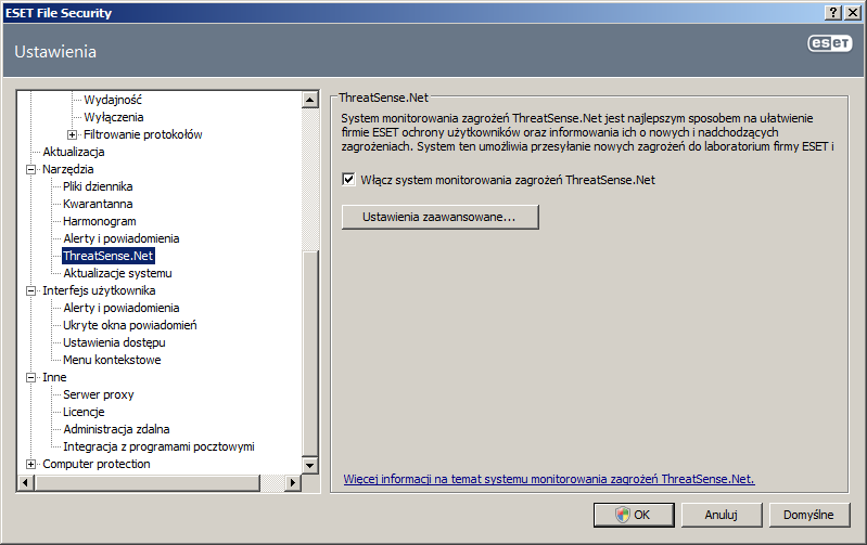Domyślna konfiguracja programu ESET File Security zawiera zdefiniowaną opcję pytania użytkownika przed przesłaniem podejrzanych plików do szczegółowej analizy w laboratorium zagrożeń firmy ESET.