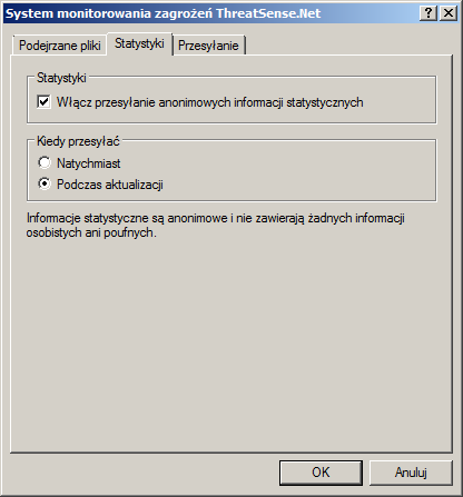 4.12.2 Statystyki System monitorowania zagrożeń ThreatSense.Net gromadzi anonimowe informacje o komputerze użytkownika dotyczące nowo wykrytych zagrożeń.