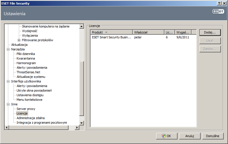 4.14 Licencj e W gałęzi Licencj e można zarządzać kluczami licencyjnymi programu ESET File Security oraz innych produktów firmy ESET, na przykład ESET Mail Security itd.