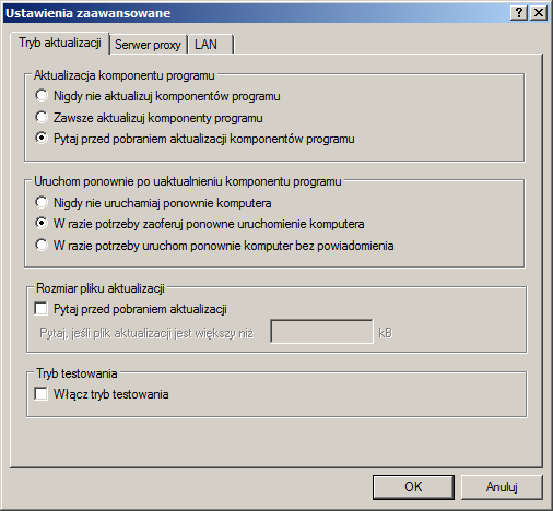 4.3.1.2.1 Tryb aktualizacj i Karta Tryb aktualizacj i zawiera opcje związane z aktualizacją komponentów programu.