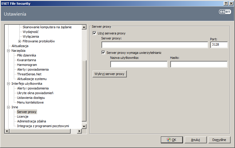 4.3.1.2.2 Serwer proxy W programie ESET File Security konfiguracja serwera proxy jest dostępna w dwóch sekcjach drzewa ustawień zaawansowanych.