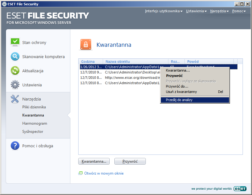 4.5.2 Przywracanie plików z kwarantanny Pliki poddane kwarantannie można przywracać do ich pierwotnej lokalizacji.