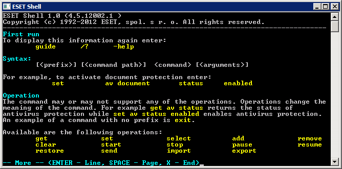 4.10 eshell eshell (krótka forma nazwy ESET Shell) to interfejs wiersza polecenia programu ESET File Security.