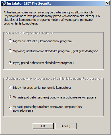 UWAGA: Po zaktualizowaniu komponentów programu wymagane jest zazwyczaj ponowne uruchomienie komputera. Zalecane jest wybranie opcji Nigdy nie uruchamiaj ponownie komputera.