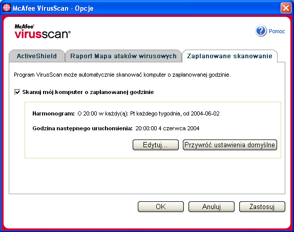 Korzystanie z programu McAfee VirusScan Automatyczne skanowanie w poszukiwaniu wirusów i innych zagrożeń Chociaż program VirusScan skanuje na bieżąco pliki, z których chce skorzystać użytkownik lub