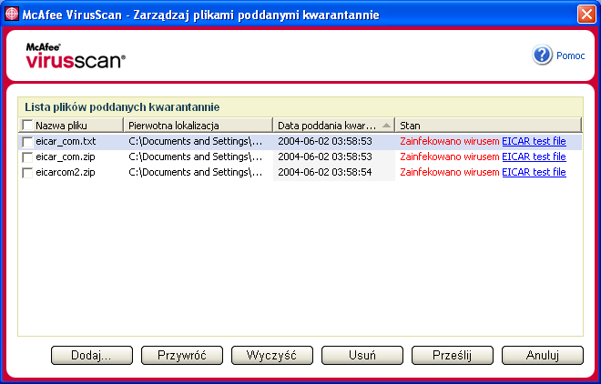 Zarządzanie plikami poddanymi kwarantannie Zarządzanie plikami poddanymi kwarantannie Funkcja kwarantanny powoduje zaszyfrowanie i tymczasowe odizolowanie podejrzanych plików w folderze kwarantanny