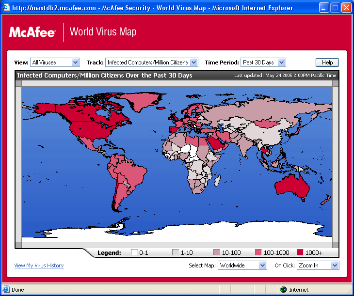 Korzystanie z programu McAfee VirusScan Zostanie wyświetlona strona sieci Web World Virus Map (Ilustracja 2-15). Ilustracja 2-15.