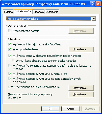 KONFIGURACJA USTAWIEŃ ZAAWANSOWANYCH Podczas konfiguracji Kaspersky-Anti-Virus przy użyciu Kaspersky Administration Kit, można włączyć/wyłączyć możliwość interakcji z użytkownikiem lub zdefiniować