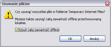 Wybierz zakładkę Ogólne odszukaj Tymczasowe pliki internetowe, kliknij na Usuń pliki (1), zaznacz