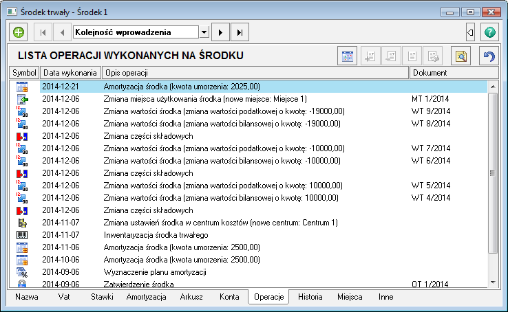 Podręcznik użytkownika Sage Symfonia Środki Trwałe 156 Rys. 169 Lista operacji na środku trwałym.