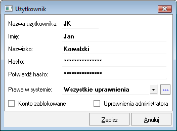 Podręcznik użytkownika Sage Symfonia Środki Trwałe 50 Rys. 39 Okno Użytkownik z danymi użytkownika. Nazwa użytkownika W tym polu należy wpisać skrót identyfikujący użytkownika (np. jego inicjały).