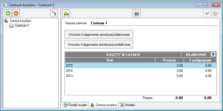 Podręcznik użytkownika Sage Symfonia Środki Trwałe 73 Rys. 66 Okno Centra kosztów. W lewej części okna znajduje się zaczątek struktury centrów kosztów o nazwie Centra kosztów.