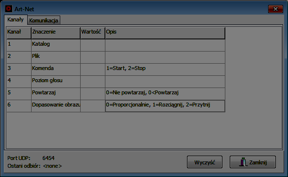 6. Podgląd komunikacji. Aby zobaczyć, jakie informacje są aktualnie odbierane przez program poprzez protokół Art- Net należy w menu wybrać opcję Art-Net.