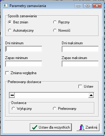 8.1.4 Parametry regulacyjne Wyczerpującą informację na temat parametrów regulacyjnych znajdziesz w rozdziale 6 Towary, dokładnie, w opisie zakładki Parametry zamawiania (6.3.1.14).