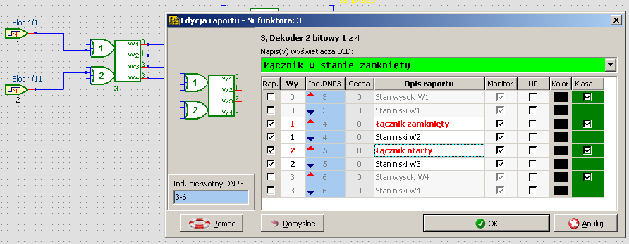 Zdarzenia (Raporty). Klikamy na funktor 3 (dekoder) i z właściwości wybieramy Raporty.