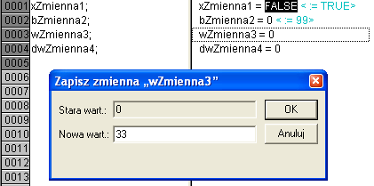 3. Pierwszy program 17 Po zatwierdzeniu przyciskiem OK można przystąpić do edycji zmiennych Poniżej przedstawiono przykładową deklarację zmiennych: Zadeklarowane zmienne mogą zostać użyte w