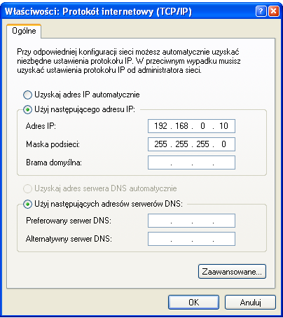 2. Instalacja 6 W oknie które się pojawi należy po raz trzeci wybrać Właściwości TCP/IP: W kolejnym oknie należy wybrać Użyj następującego adresu IP: i wpisać odpowiedni adres komputera oraz maskę