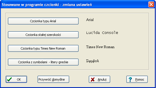 - 51 - Okno - Czcionki W przypadku stosowania Windows w wersji inna niŝ polska moŝna w tym oknie wybrać czcionki odpowiadające kształtom czcionką typu : Arial (czcionka prosta bez szeryfów), Times