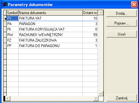 6.2 Parametry dokumentów Jest to edytor rodzajów dokumentów. Pozwala on na wprowadzanie różnych rodzajów dokumentów, w przypadku, gdy wcześniej nie były zdefiniowane.